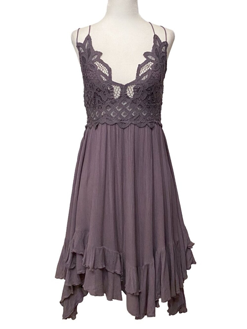 FREE PEOPLE FP One Adella Slip Dress Boho Lace Mini Ruffle Asymmetric Grey L